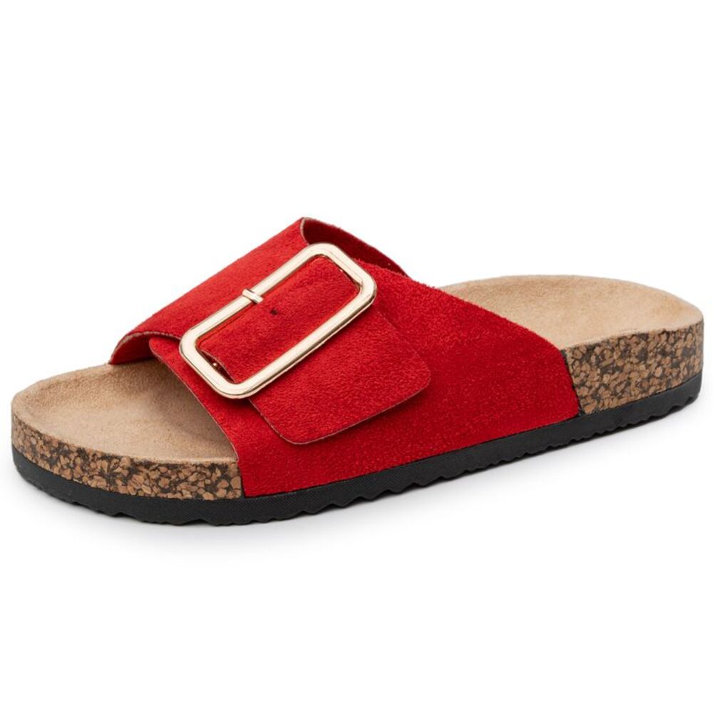 Alpine Swiss Red Suede Slide Sandal with Gold Buckle
